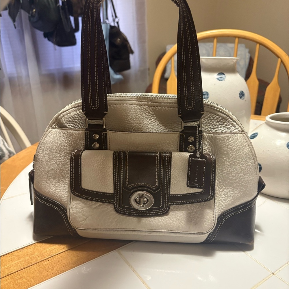 Coach White and Brown Hampton Leather Satchel